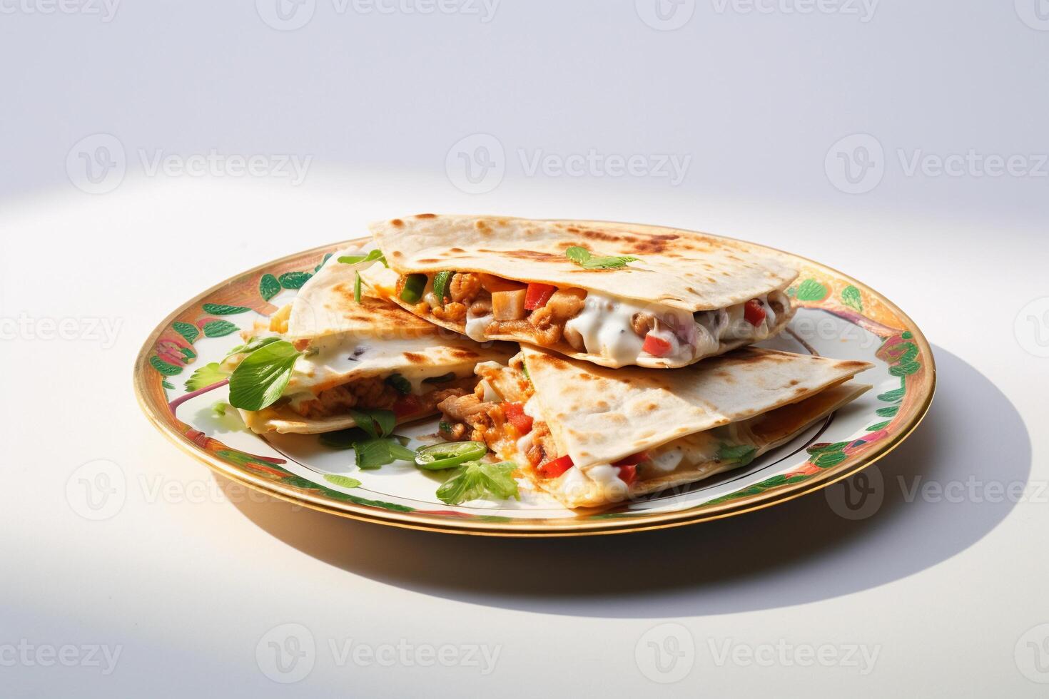 ai gerado fatias do delicioso Quesadilla em uma prato em branco fundo, fechar acima. ai gerado. foto