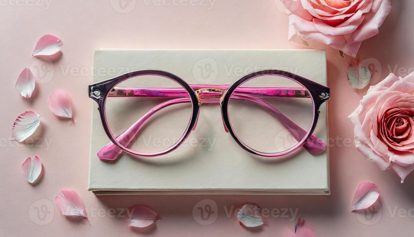 ai gerado Rosa rosa e óculos em mesa foto
