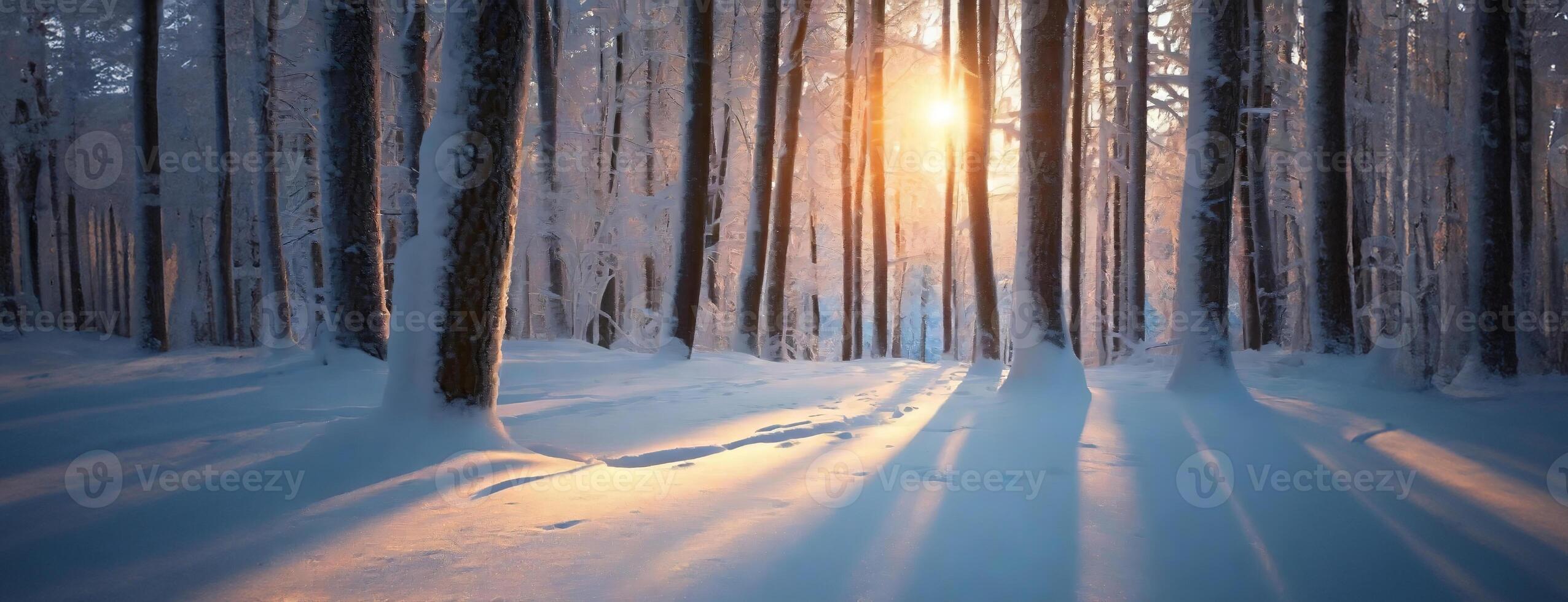 ai gerado nascer do sol esplendor dentro uma Nevado inverno floresta. panorama com cópia de espaço, minimalista fundo. foto