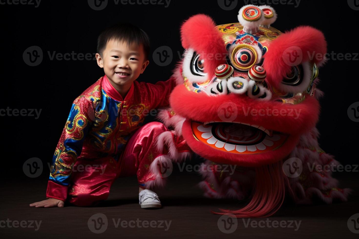 ai gerado uma jovem chinês Garoto com Dragão dança mascarar com generativo ai foto