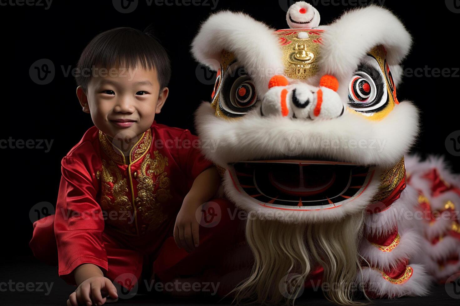 ai gerado uma jovem chinês Garoto com Dragão dança mascarar com generativo ai foto