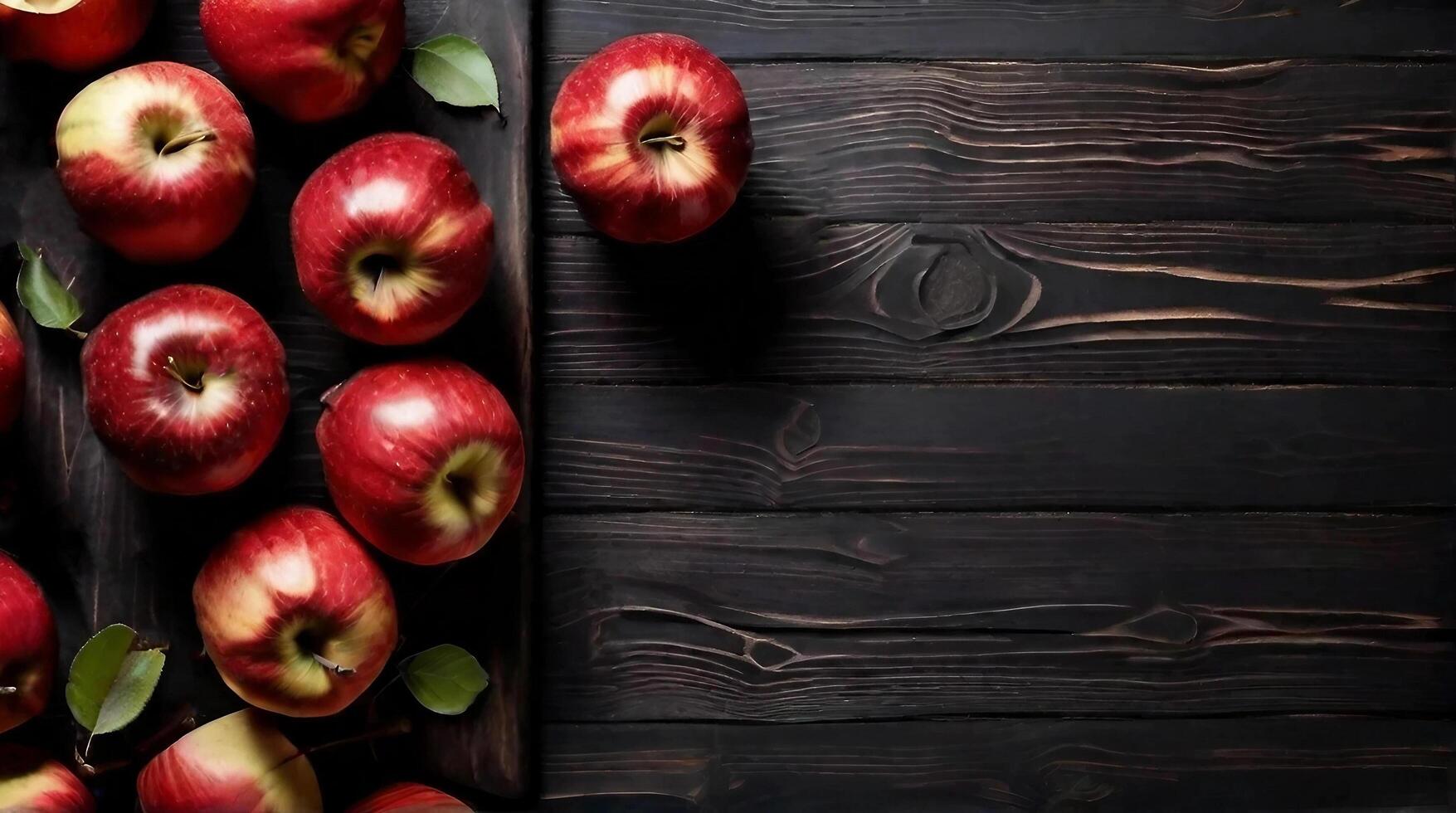 ai gerado maduro suculento vermelho maçãs estão espalhados em Preto de madeira borda. espaço para texto. foto