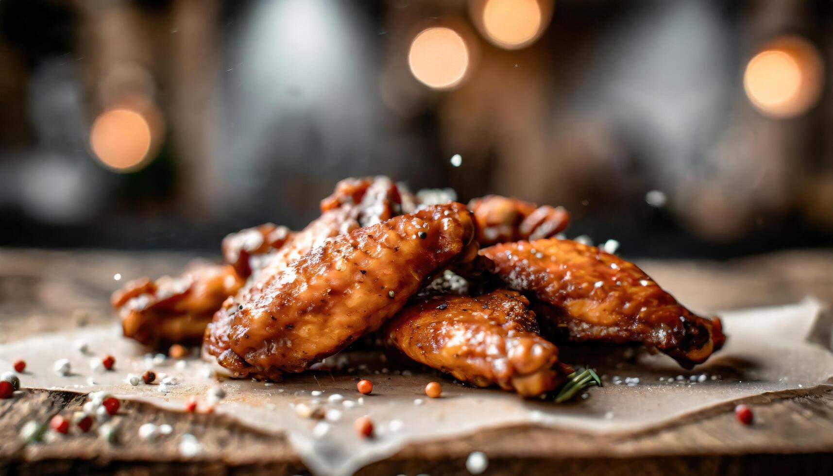 ai gerado cópia de espaço imagem do grelhado frango asas com molhos em uma de madeira borda. tradicional cozido churrasco búfalo asa em bokeh fundo. foto