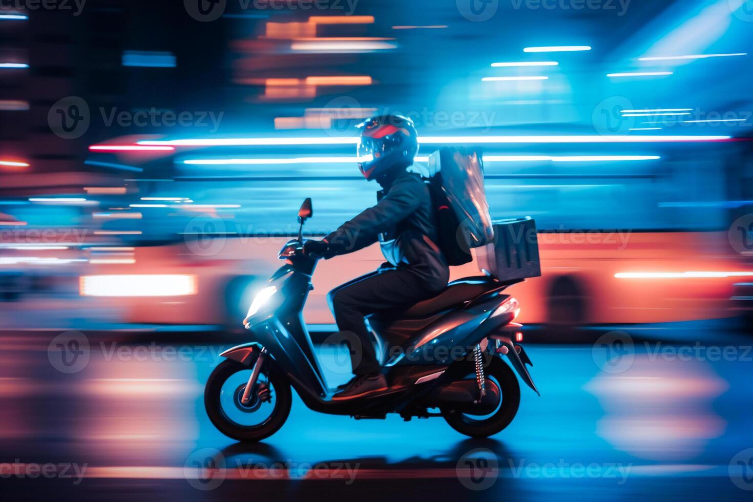 ai gerado Comida Entrega homem passeio motocicleta em a estrada às noite , entregar parcela para cliente às noite com luz trilha . foto