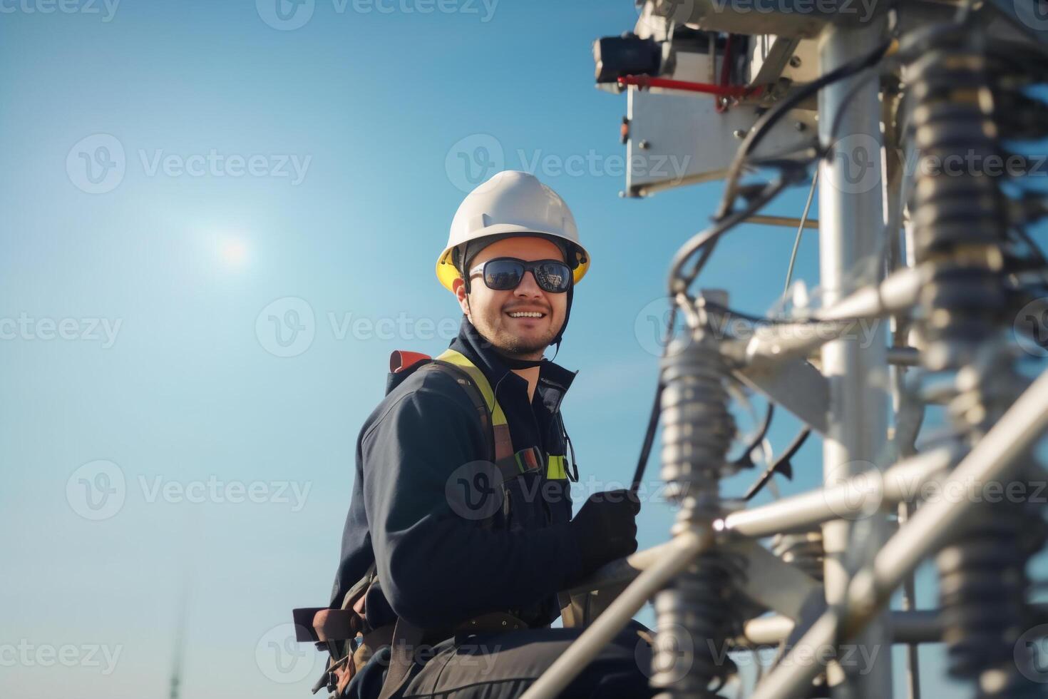 ai gerado engenheiro vestindo segurança engrenagem trabalhando às topo do sinal antena.trabalhando às altura foto