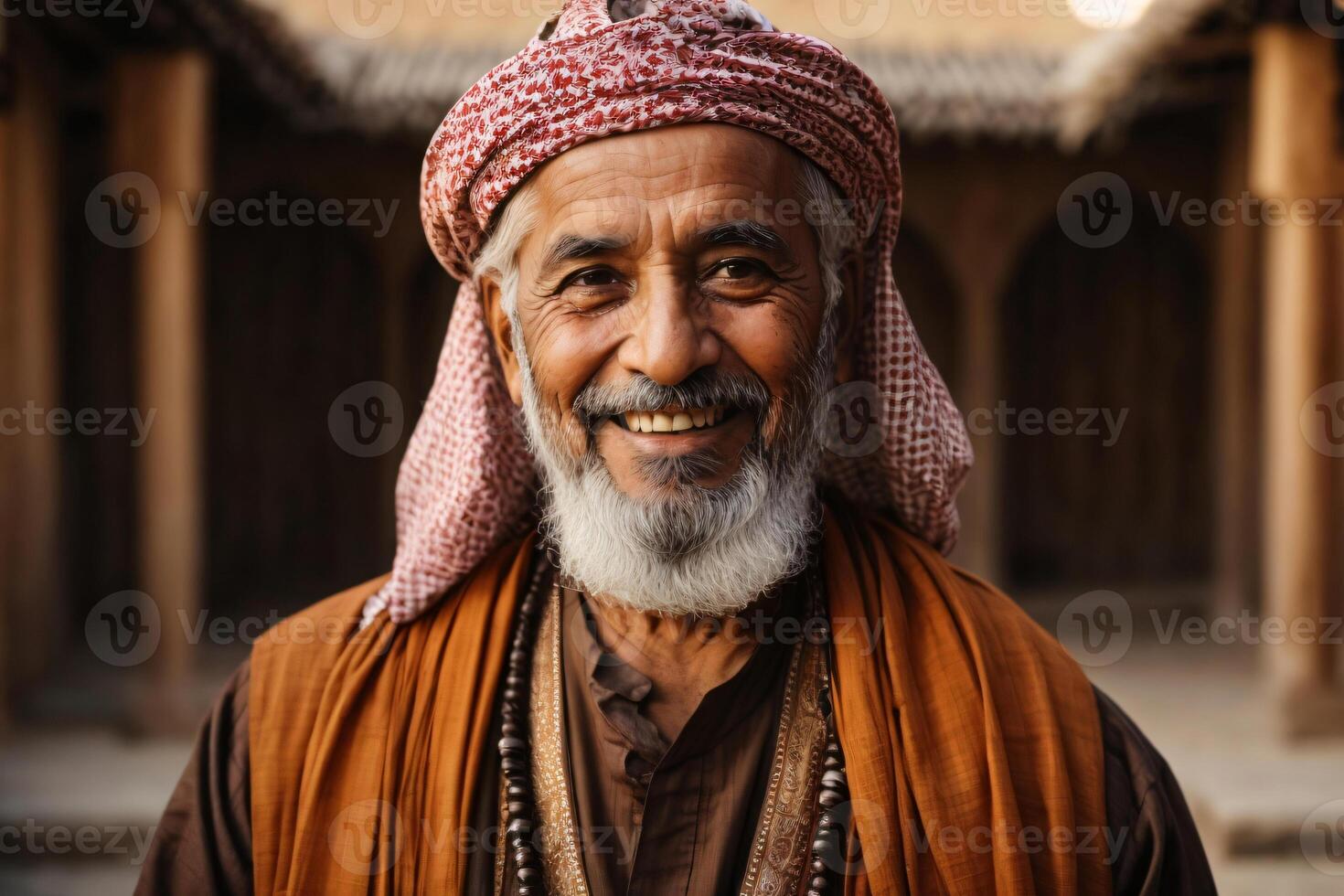 ai gerado ai gerado imagem do sorridente árabe idosos barbudo homem vestindo tradicional roupas e olhando às Câmera enquanto em pé contra borrado fundo foto