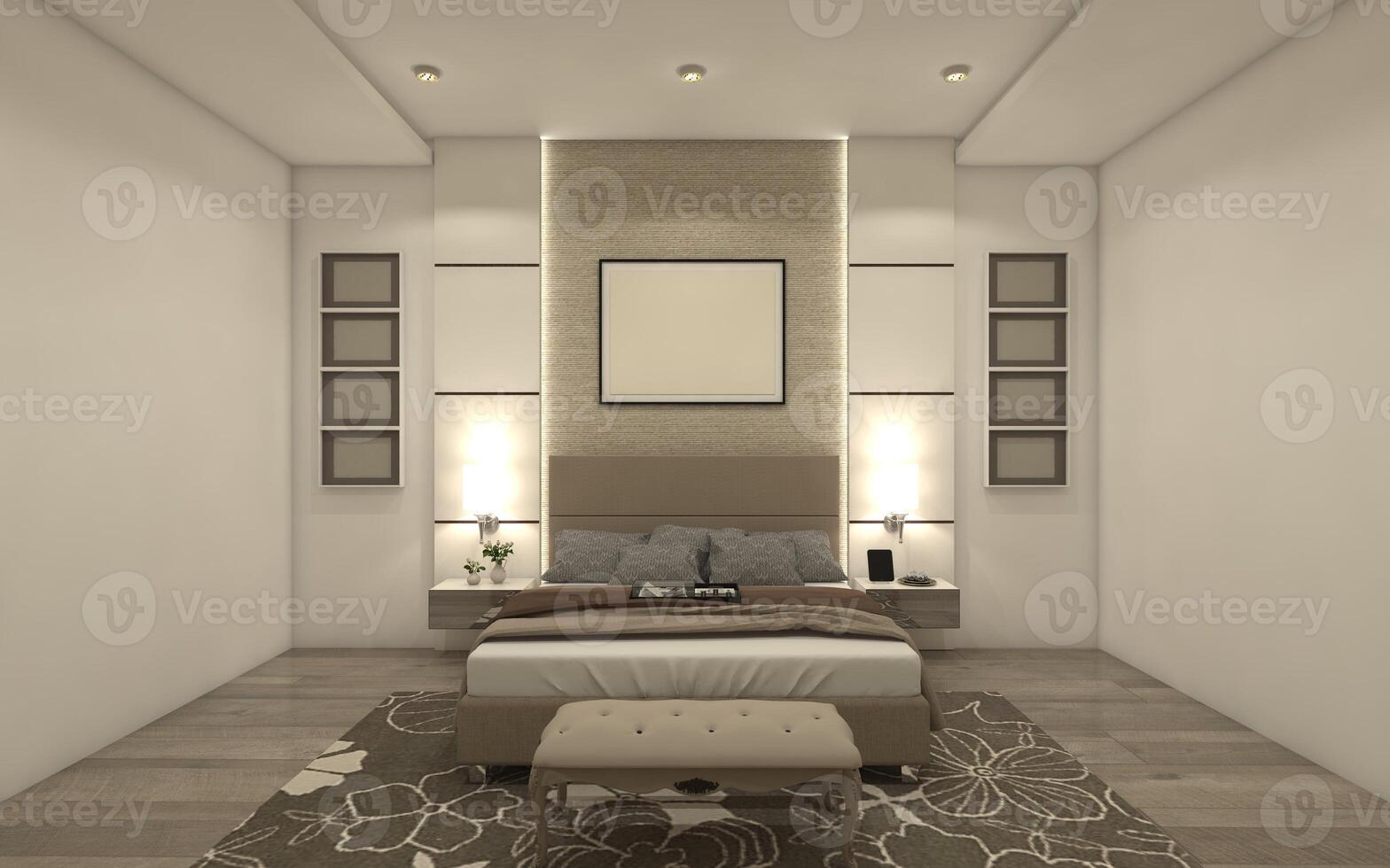interior moderno quarto usando rainha Tamanho cama e cabeceira painel decoração 3d ilustração foto