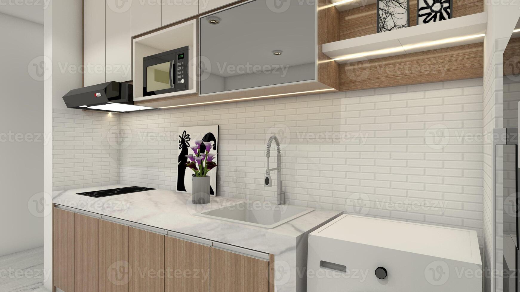 mármore bancada para cozinha mobiliário projeto, 3d ilustração foto