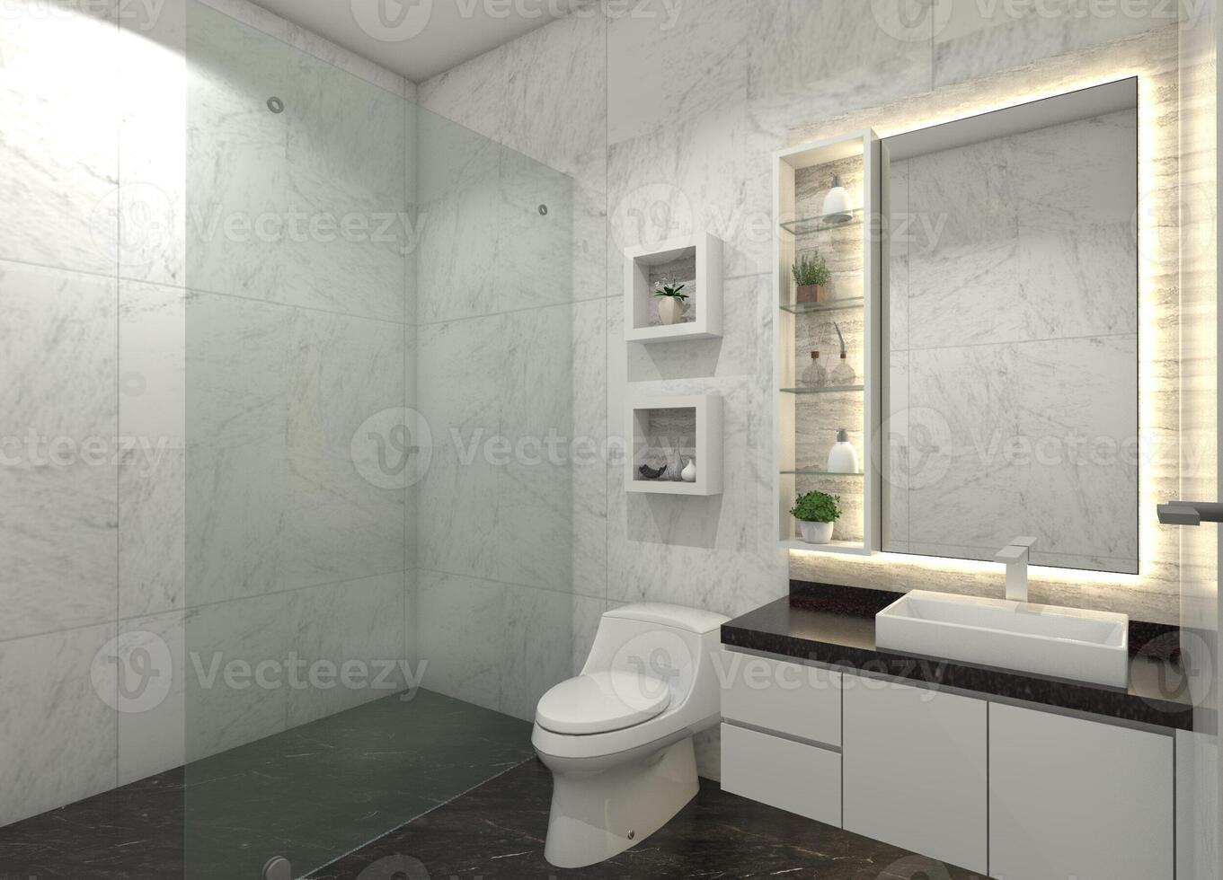 moderno banheiro Projeto com minimalista lavatório gabinete e espelho exibição decoração, 3d ilustração foto