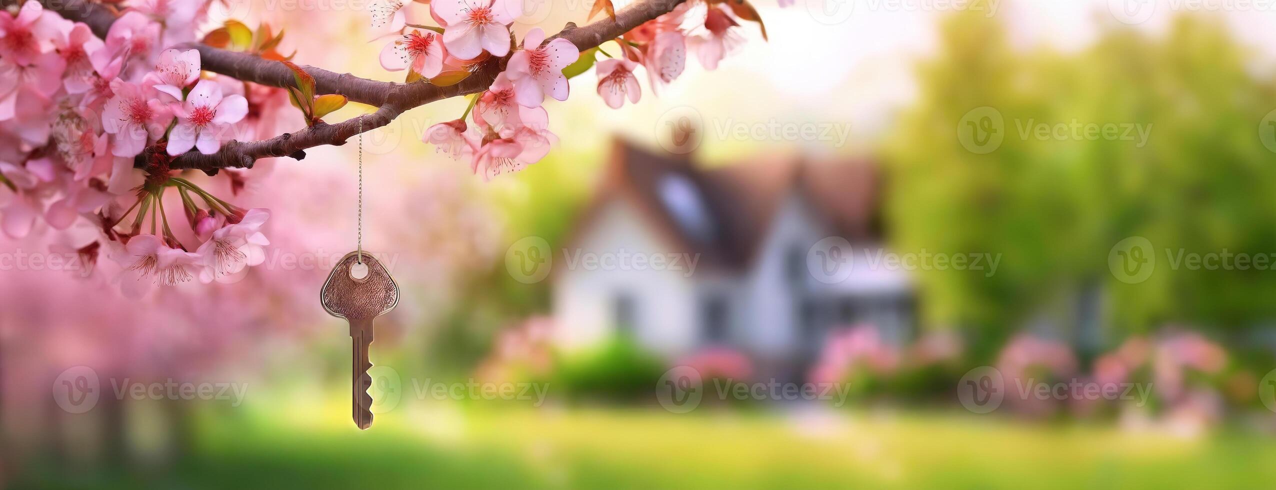 ai gerado chave trava em florescendo Primavera árvore contra país casa fundo. cereja Flor dentro verde jardim panorama . real Estado, comovente casa ou alugando propriedade conceito. foto