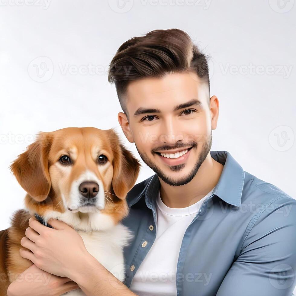 ai gerado uma bonito jovem Garoto com fofa cachorro isolado em branco fundo foto