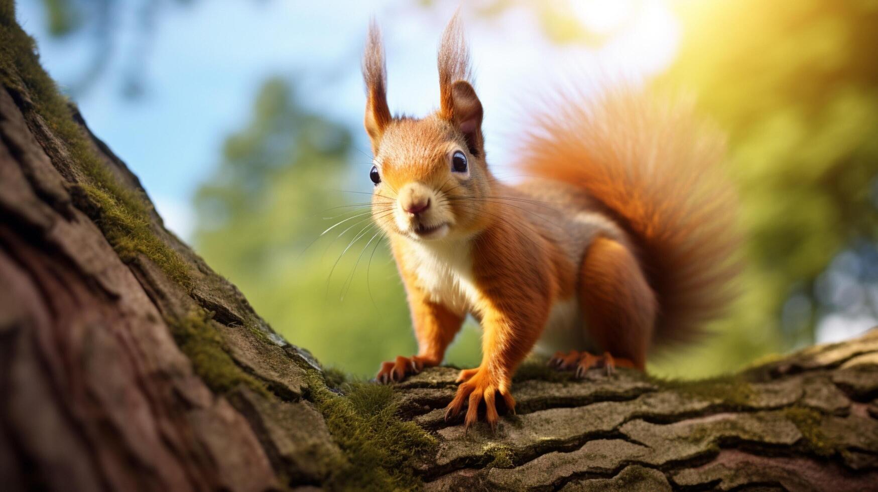 ai gerado uma esquilo é sentado em uma árvore ramo dentro a floresta foto