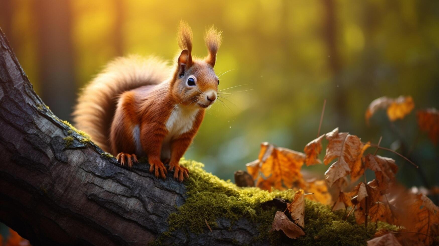 ai gerado uma esquilo é sentado em uma árvore ramo dentro a floresta foto