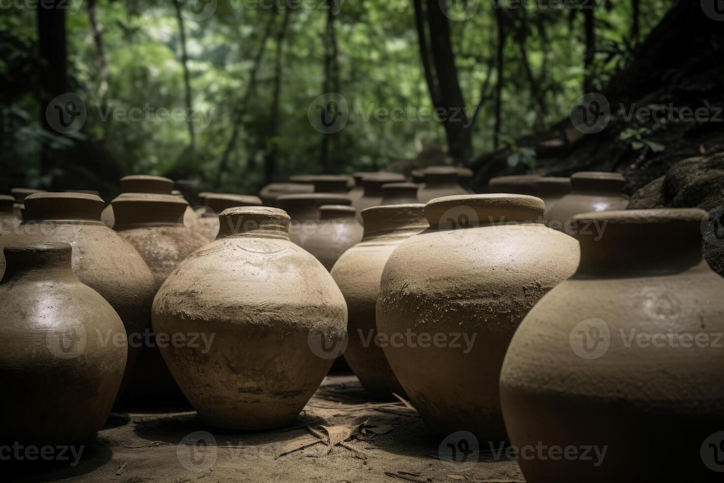 ai gerado antigo cerâmico panelas em floresta chão. gerar ai foto