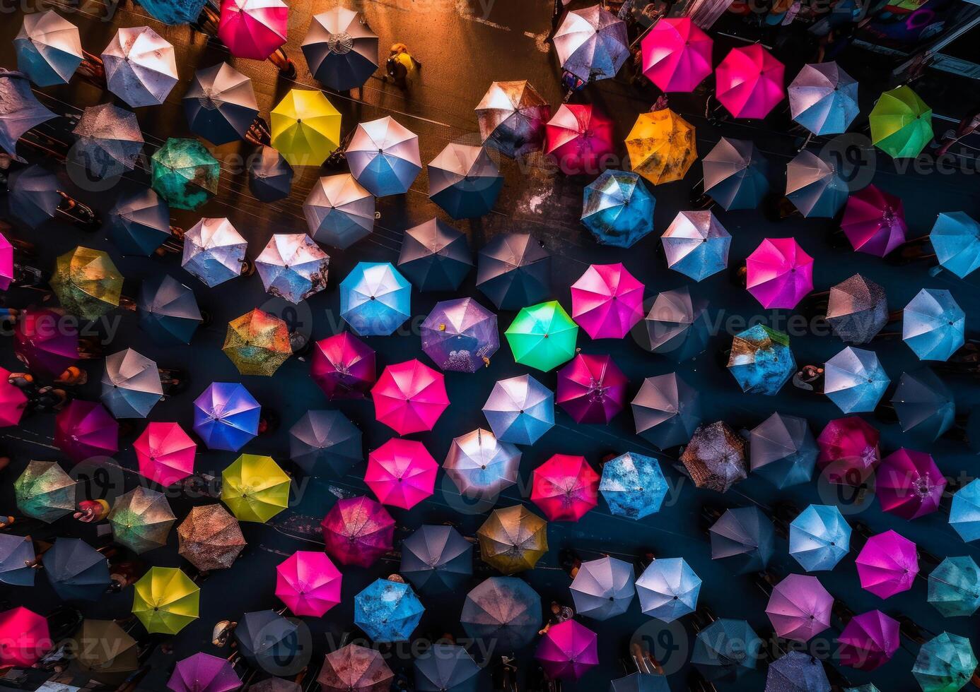 ai gerado muitos colorida guarda-chuvas estão dentro a meio. uma grupo do guarda-chuvas este estão dentro a ar foto