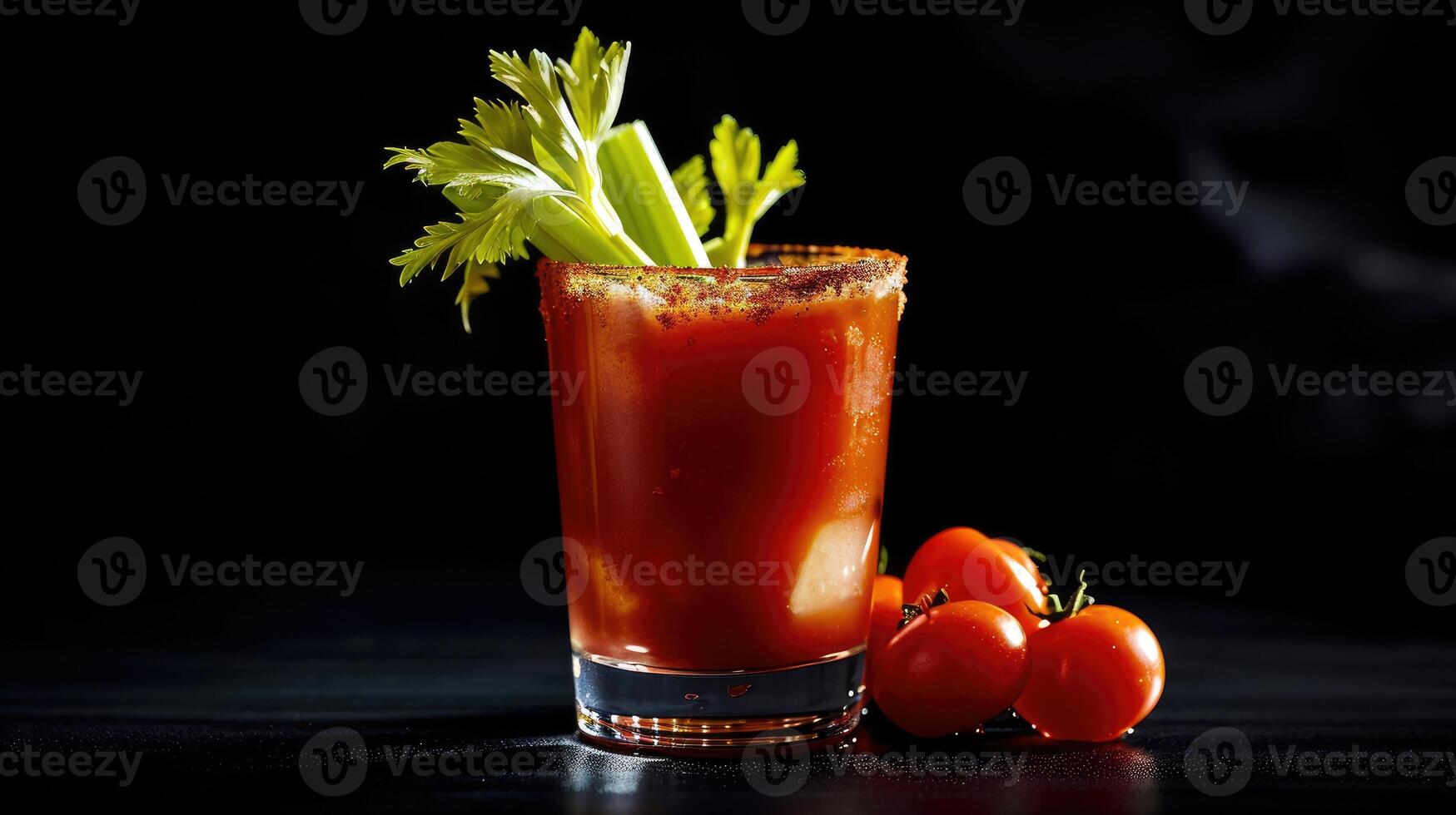 ai gerado uma vidro do sangrento Maria em uma mesa com salsão e tomates, ai gerado foto