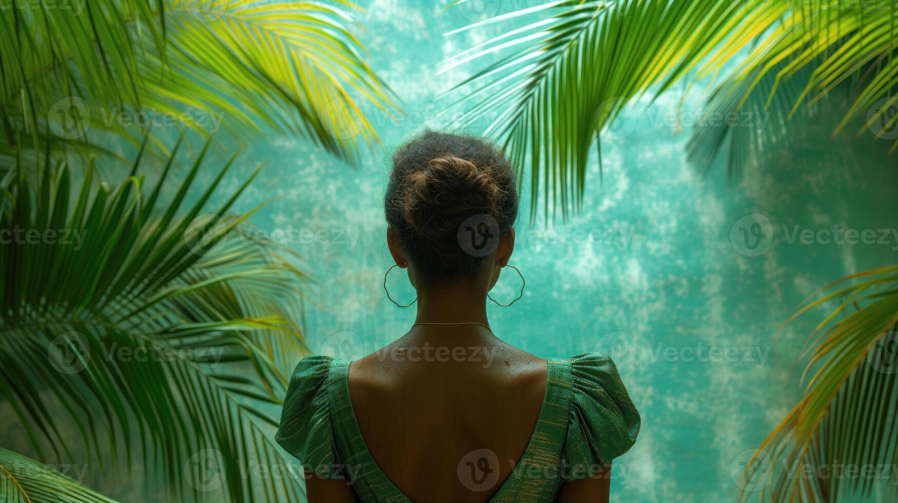 ai gerado mulher com dela costas dentro lindo trópicos dentro a chuvoso clima foto