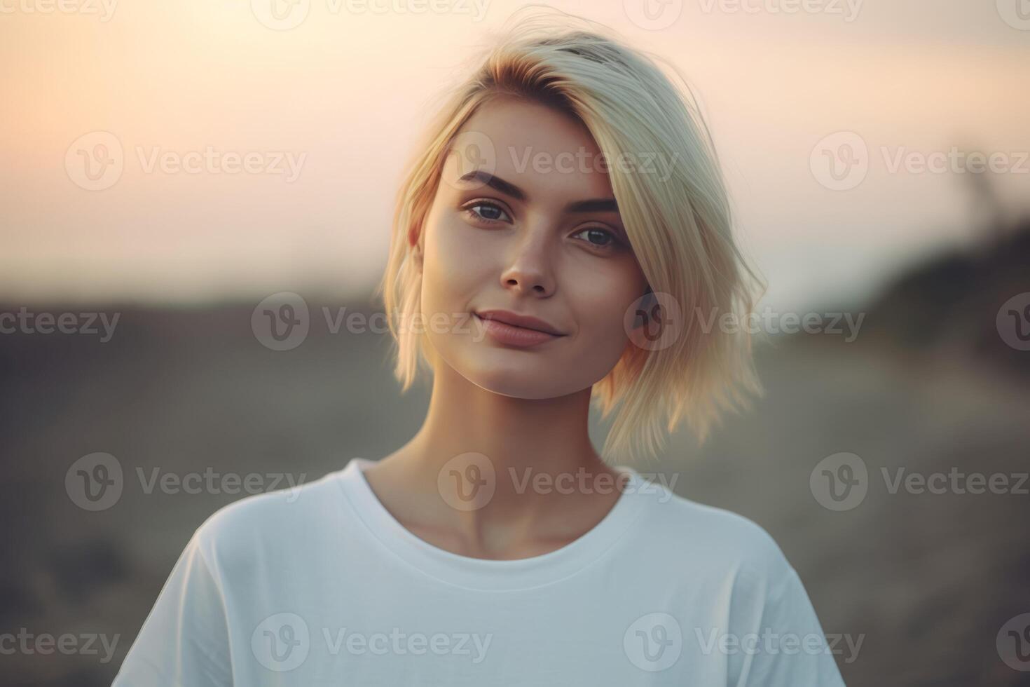 ai gerado sorridente Loiras menina com curto Penteado de praia retrato. gerar ai foto