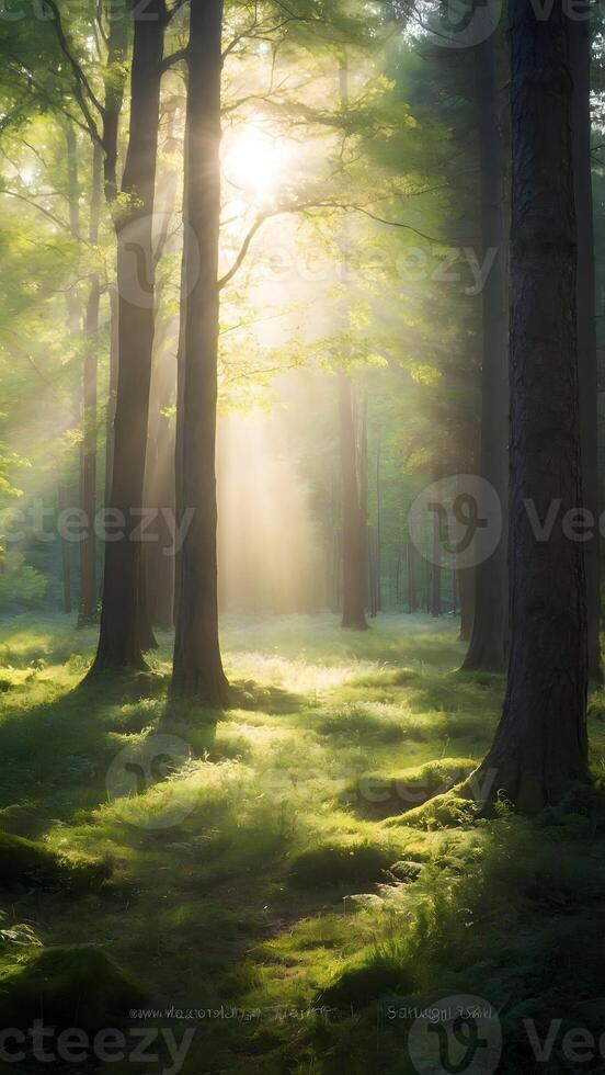 ai gerado encantador floresta clareira com luz solar filtrando através árvores foto