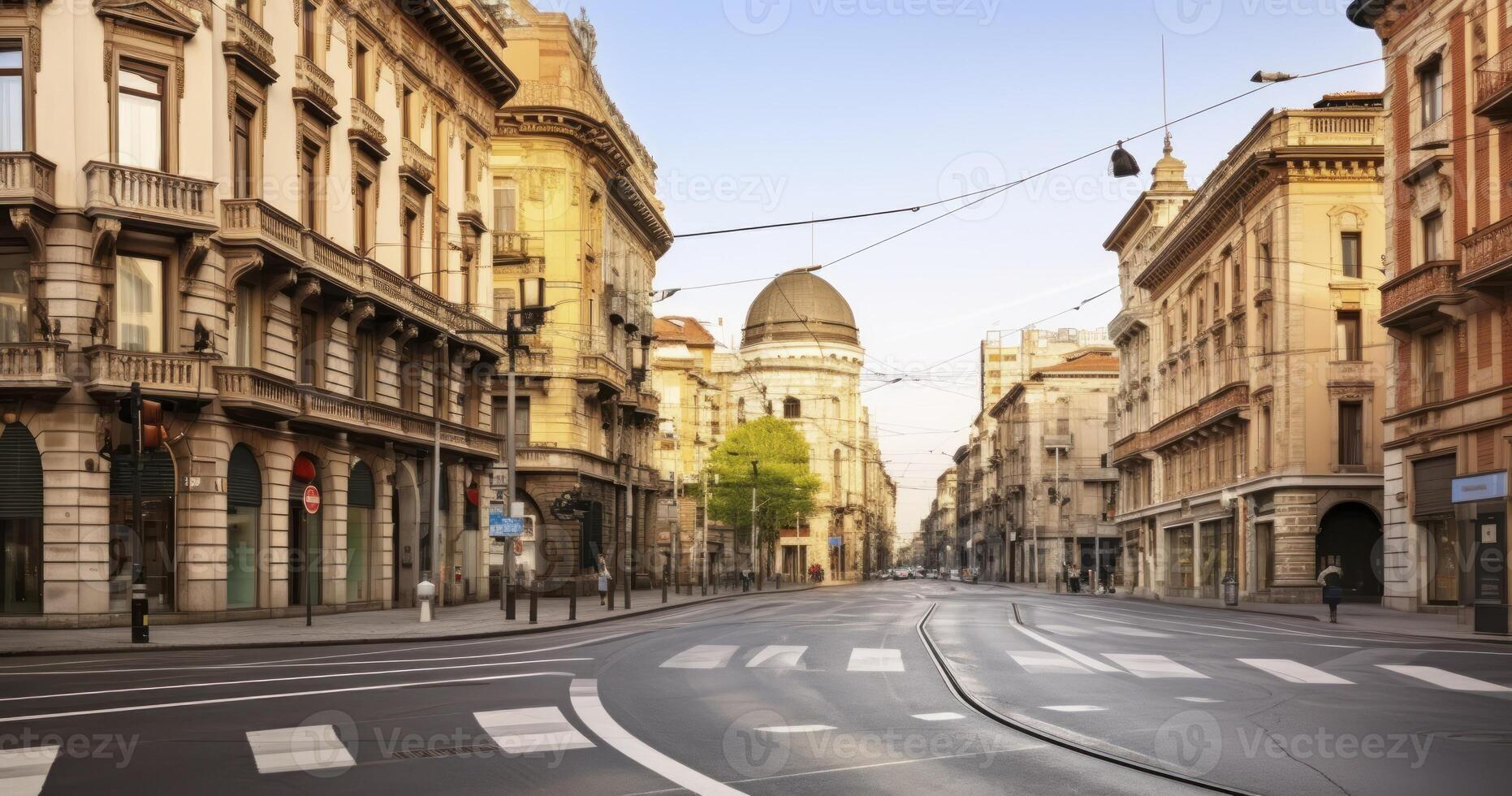 ai gerado estrutural maravilhas - a lindo edifícios este linha a vibrante via do central rua foto