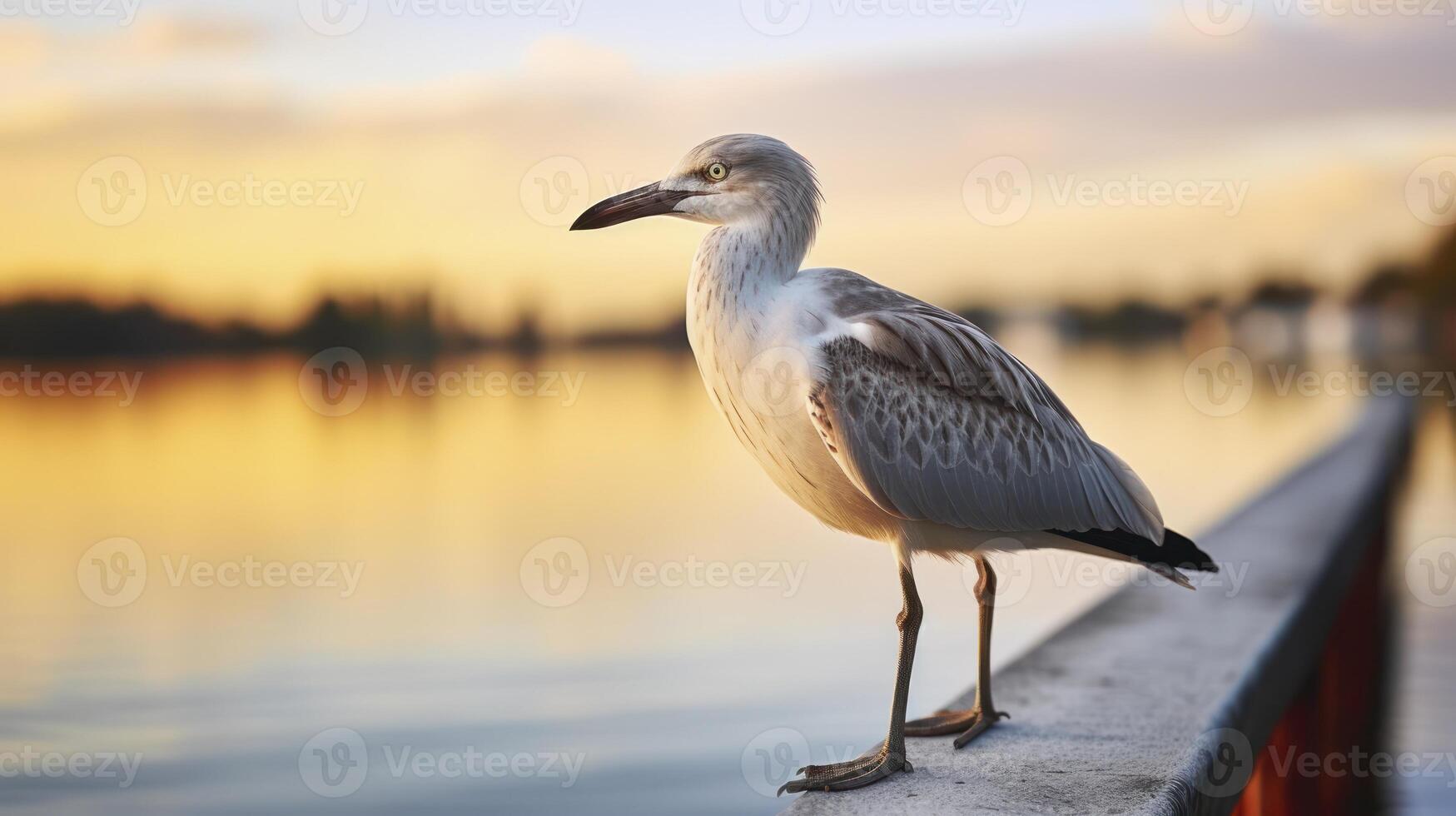 ai gerado Porto às crepúsculo - uma gaivota carrinhos em a Beira do uma cais, banhado dentro a brilho do uma configuração Sol foto