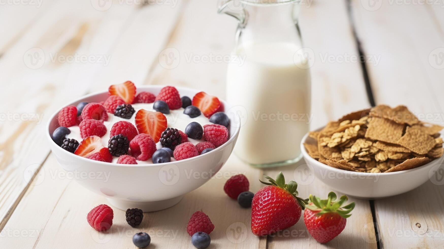 ai gerado uma saudável café da manhã espalhar com cereal, leite, bagas, e querida em uma branco de madeira fundo foto