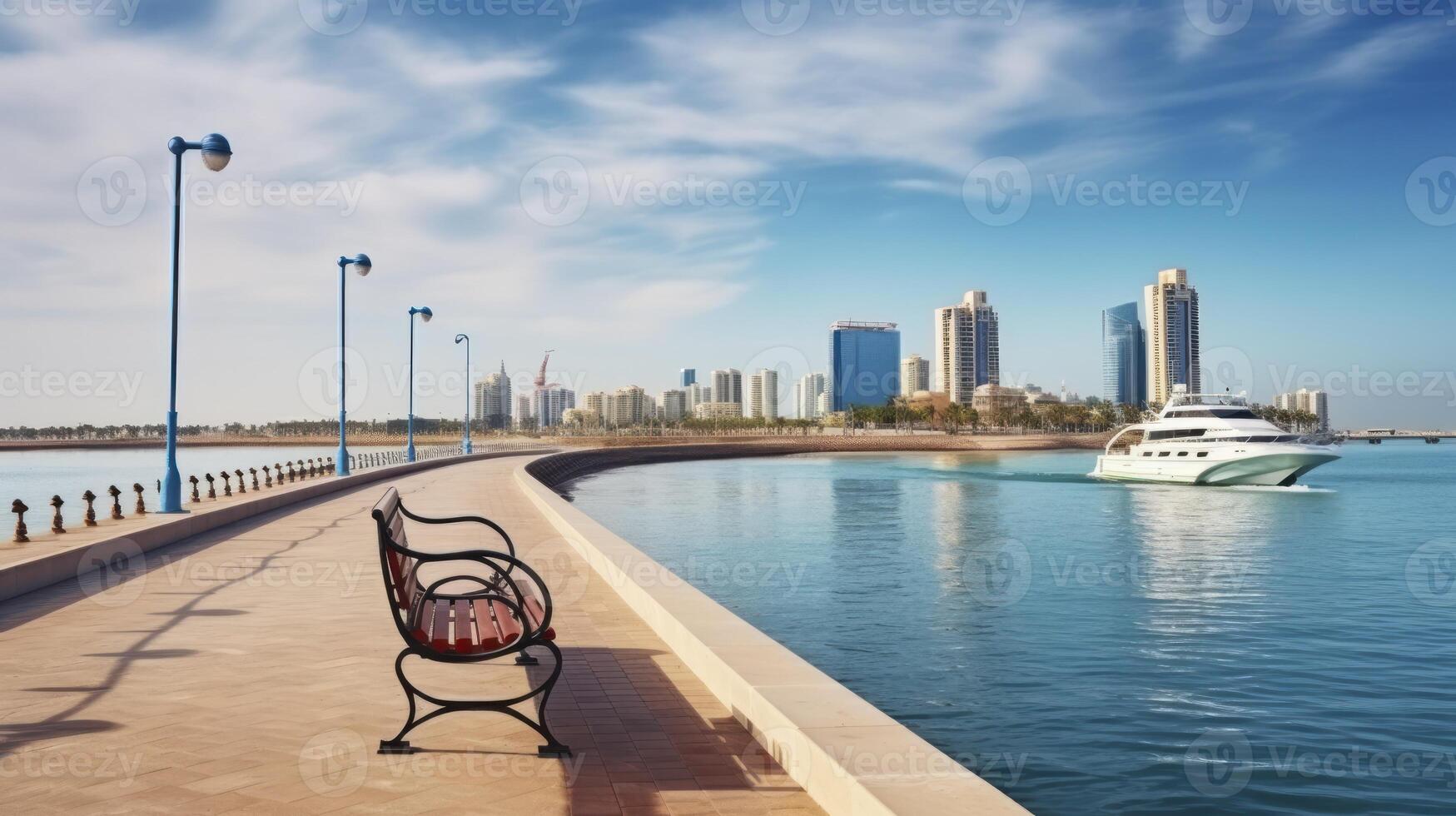 ai gerado beira-mar elegância - uma hipnotizante Visão do a cidade em a persa golfo foto