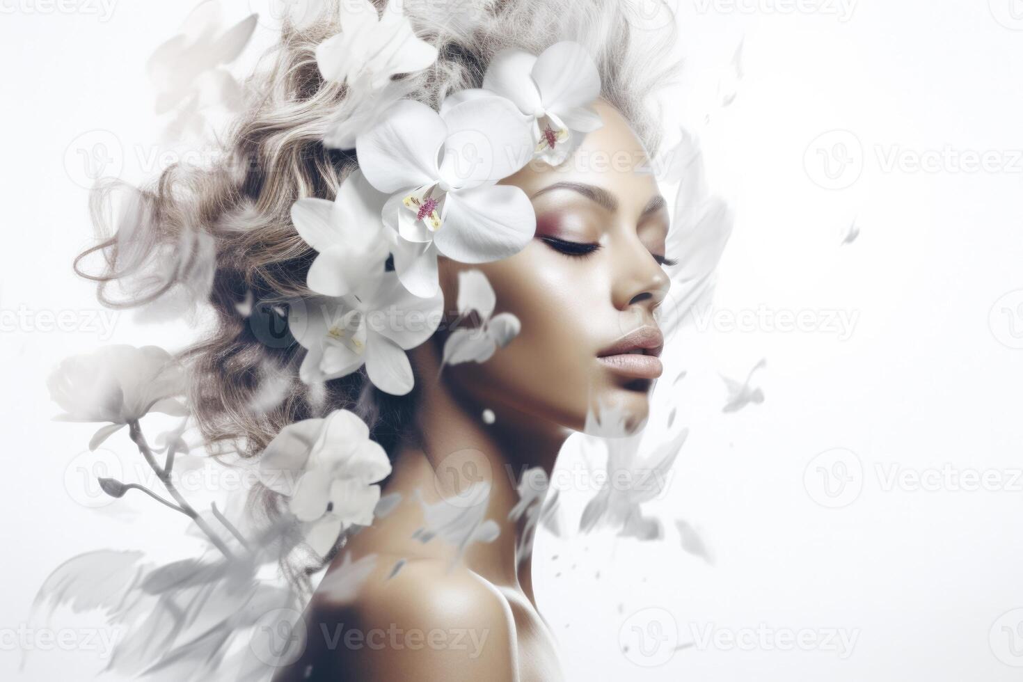 ai gerado lindo mulher com branco flores em dela cabeça foto