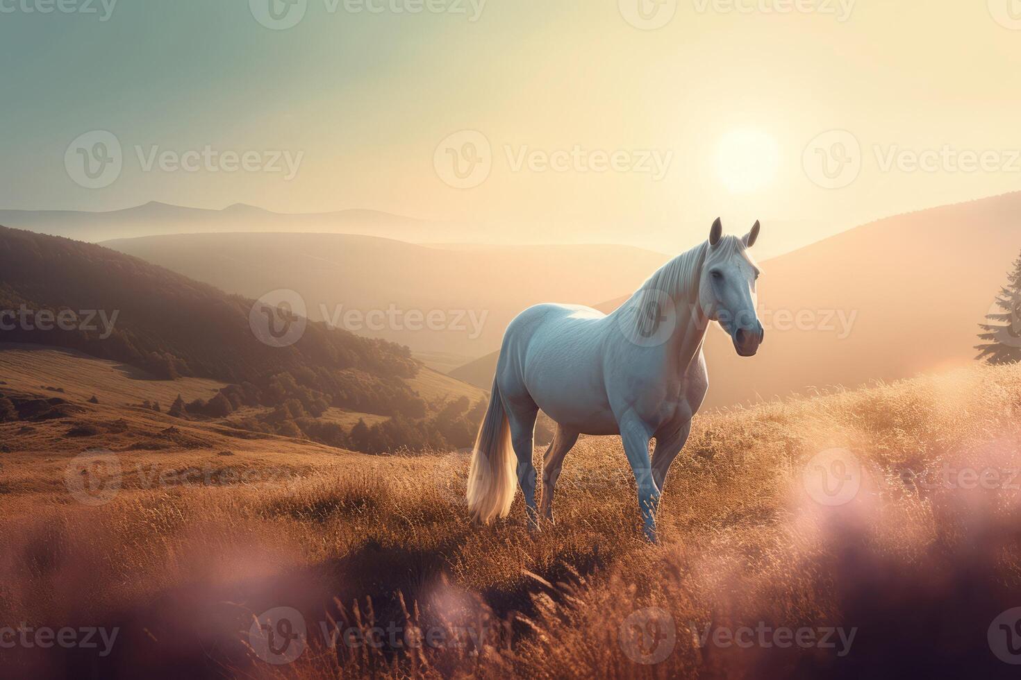 ai gerado lindo místico cavalo em nascer do sol campo visualizar. gerar ai foto