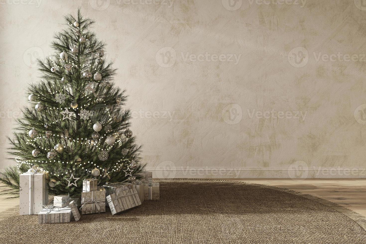 árvore de natal com brinquedos e presentes decora o interior moderno em estilo escandinavo. parede de estuque vazia simulada. Ilustração 3D render. foto