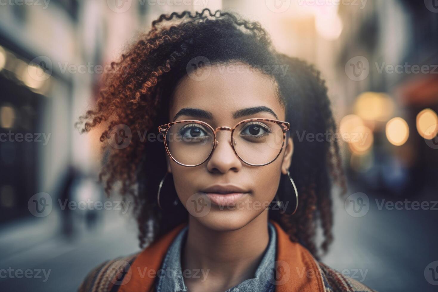 ai gerado sorridente encaracolado africano americano mulher com Óculos. gerar ai foto