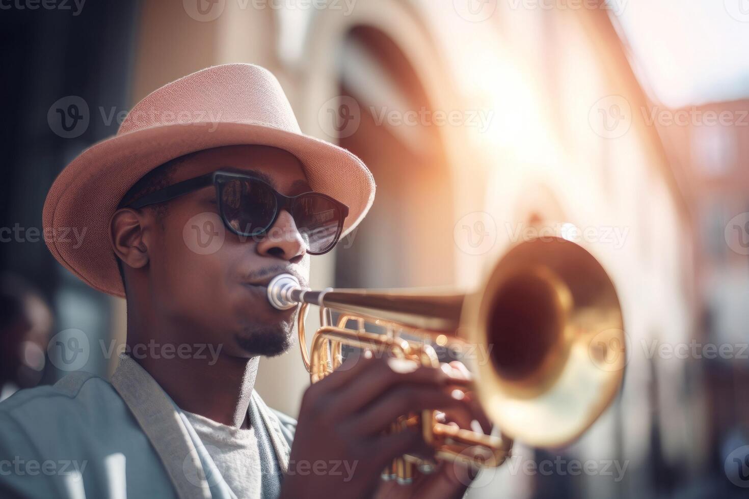 ai gerado trompete homem com trompete instrumento. gerar ai foto