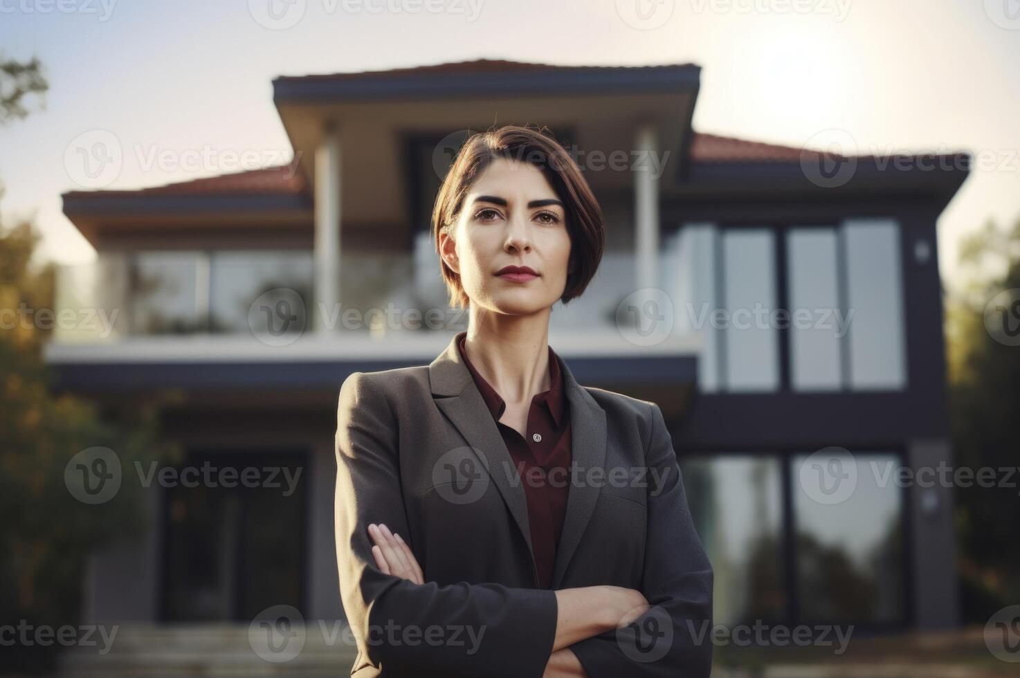 ai gerado fêmea real Estado agente dentro frente do venda propriedade. gerar ai foto