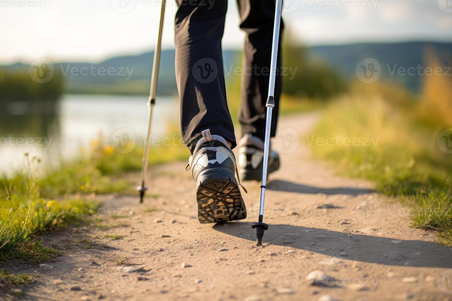 ai gerado enérgico homem praticando nórdico caminhando com postes ar livre. gerar ai foto