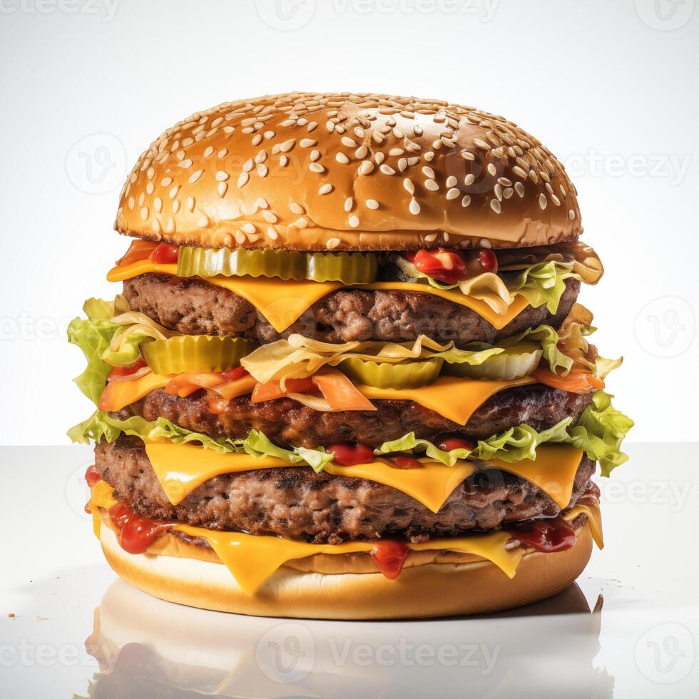 ai gerado Duplo decker hamburguer com todos a clássico fixações, Incluindo alface, tomate, queijo, e condimentos. saboroso hamburguer isolado em branco fundo. bandeira, movimento, cardápio foto