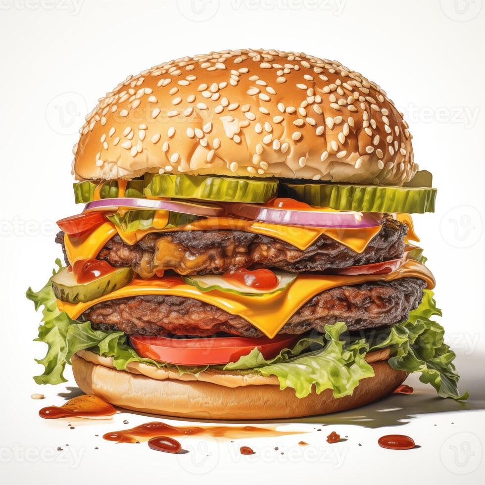 ai gerado Duplo decker hamburguer com todos a clássico fixações, Incluindo alface, tomate, queijo, e condimentos. saboroso hamburguer isolado em branco fundo. bandeira, movimento, cardápio foto