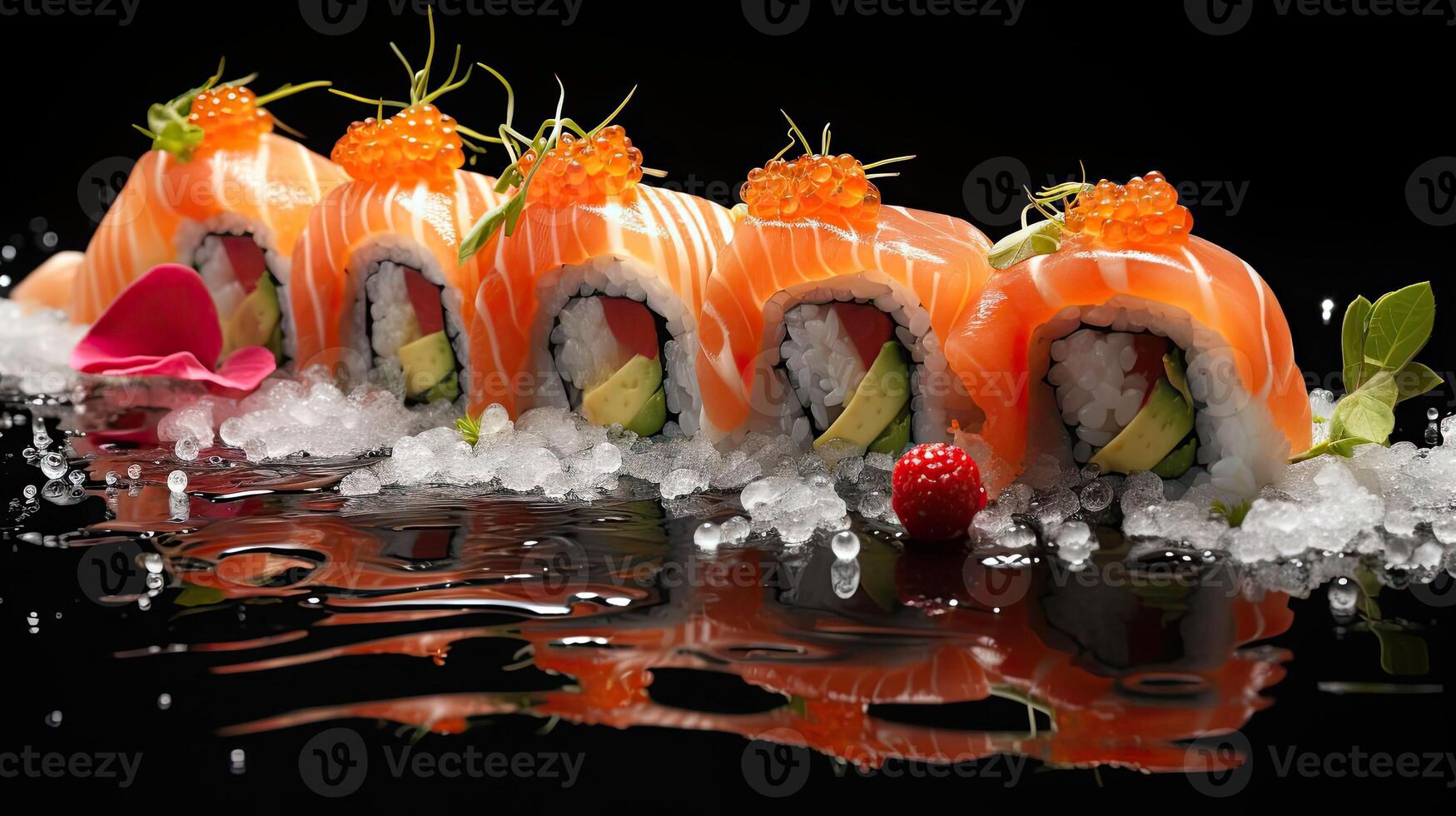 ai gerado fresco Sushi cheio do carne e legumes em de madeira mesa com Preto e borrão fundo, ai gerado foto