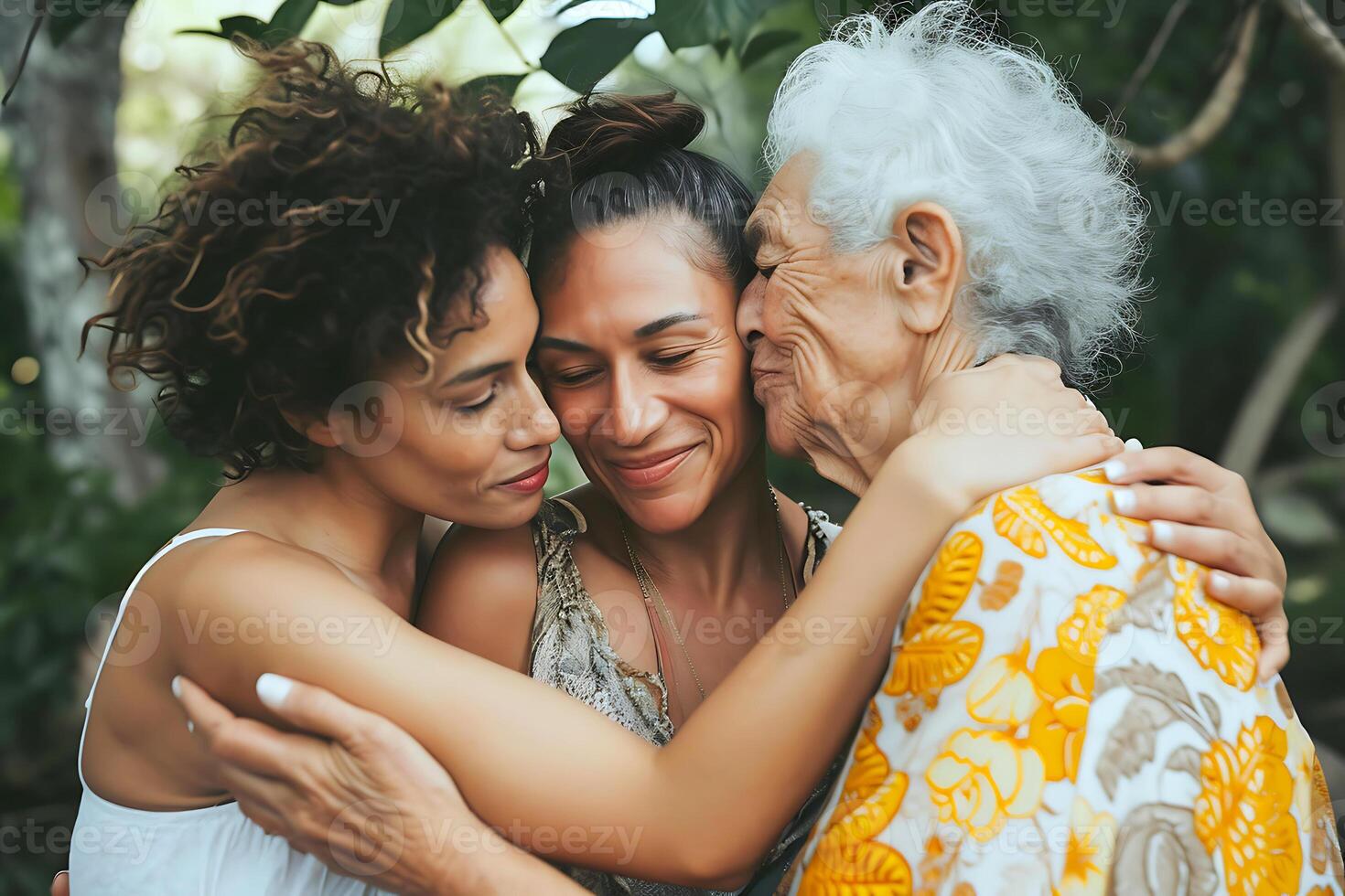 ai gerado três gerações mulheres abraçando ternamente foto