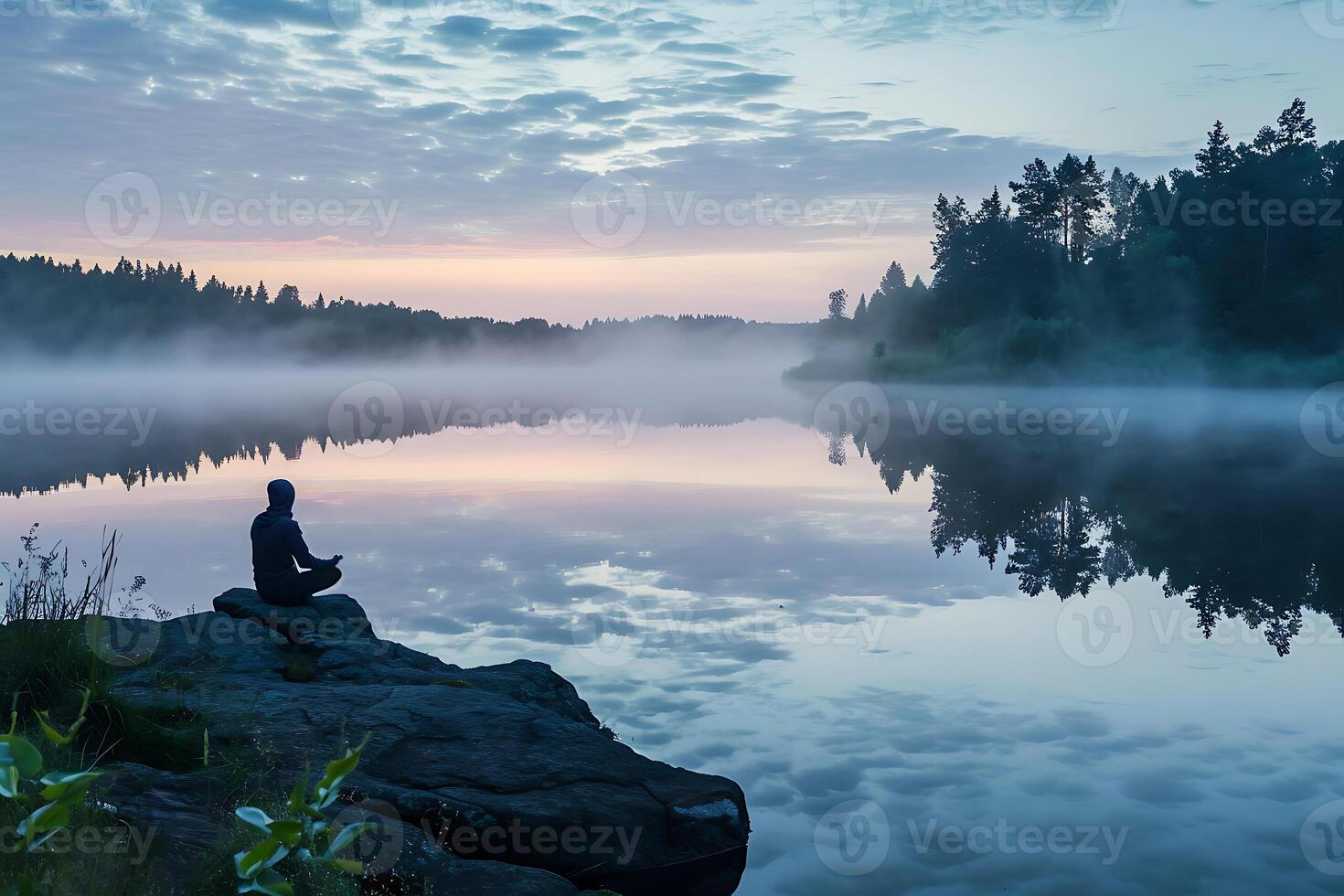 ai gerado uma homem medita dentro frente do uma lagoa dentro natureza cercado de floresta foto