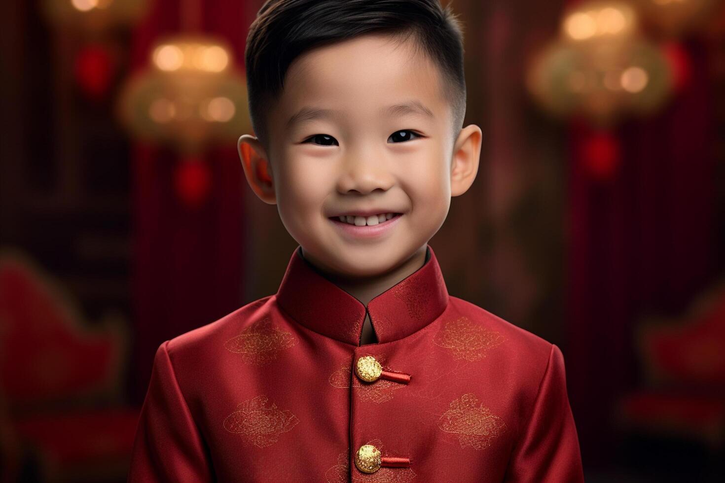 ai gerado uma jovem chinês Garoto vestindo vermelho chinês tradicional roupas bokeh estilo fundo com generativo ai foto