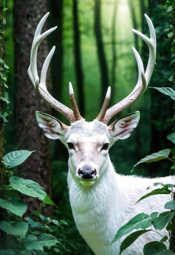 ai gerado uma majestoso branco veado em pé dentro uma exuberante verde floresta foto