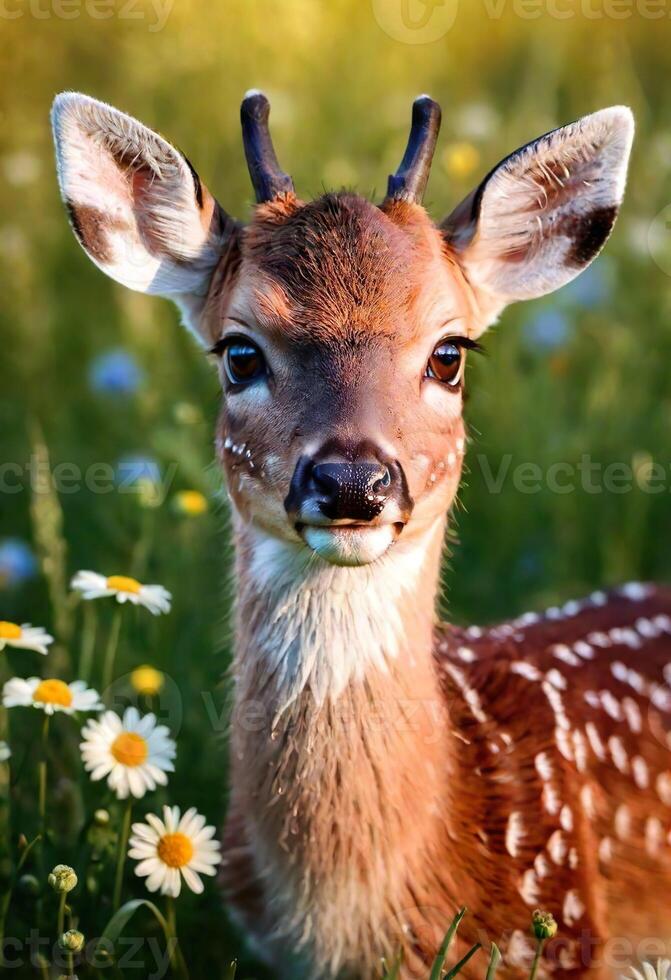 ai gerado fechar-se retrato do uma veado dentro natureza com floração plantas foto