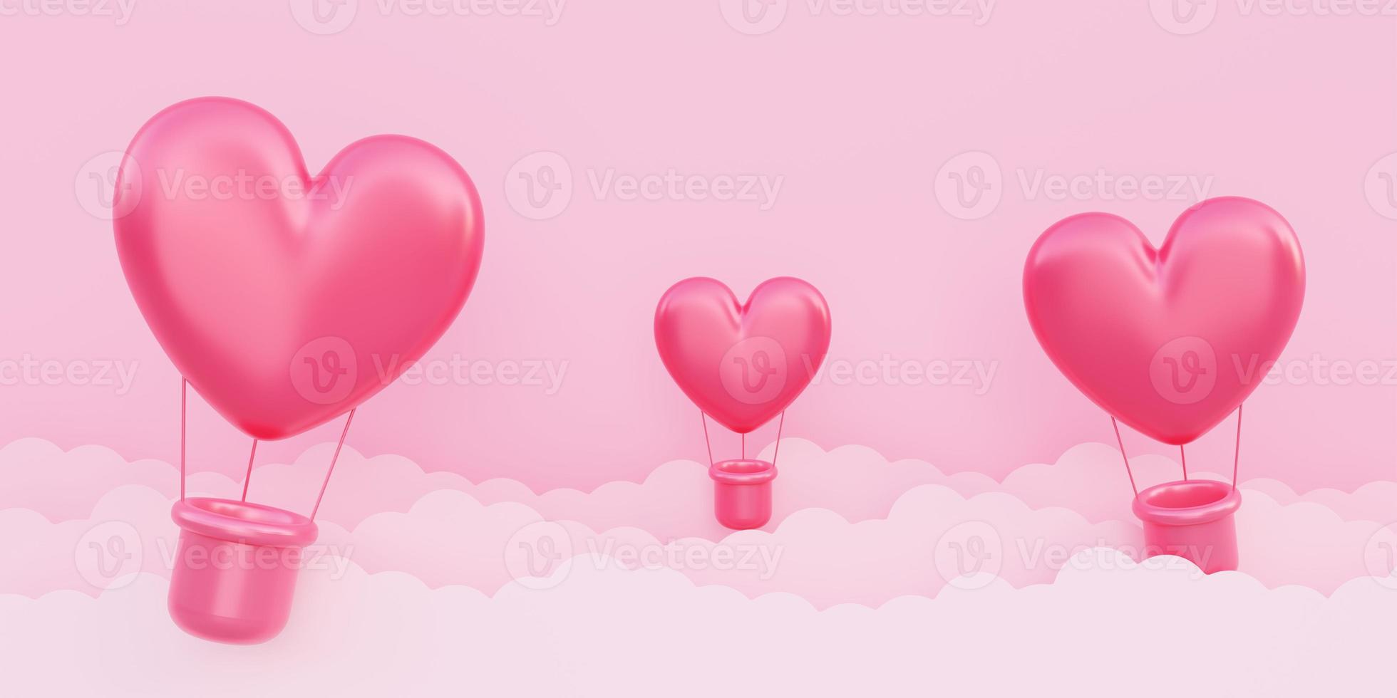 dia dos namorados, fundo do conceito de amor, vermelho Balões de ar quente em forma de coração 3d voando no céu foto
