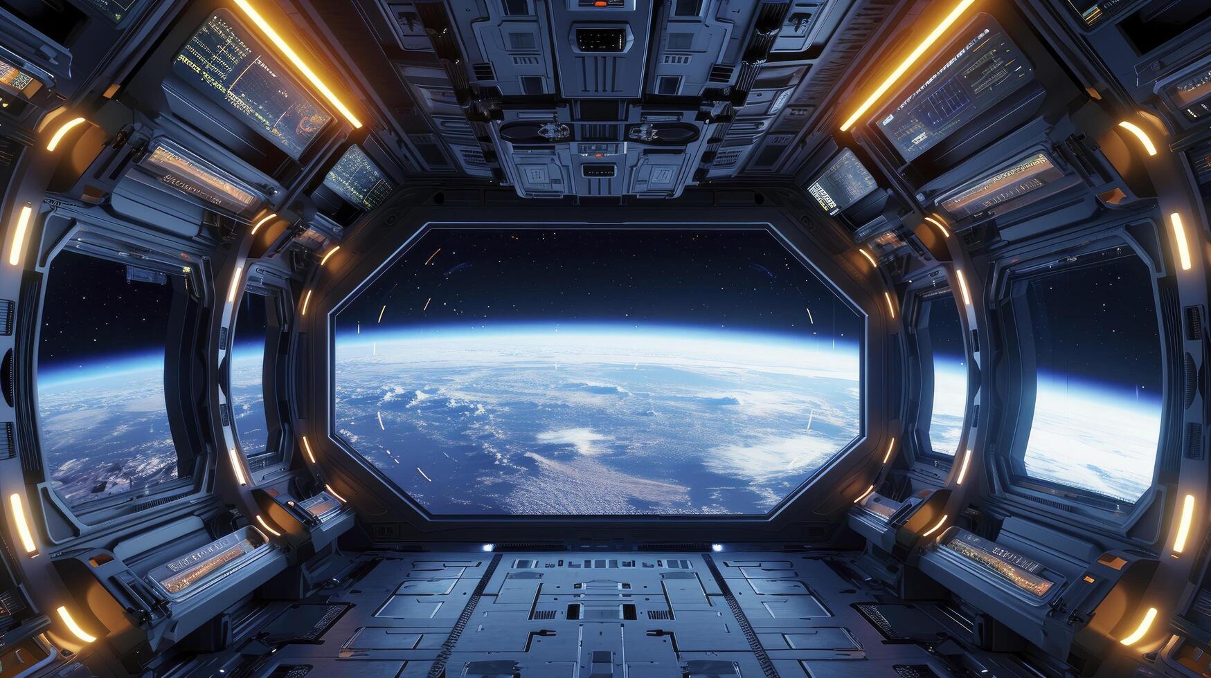 ai gerado nave espacial futurista interior com Visão em planeta terra. foto