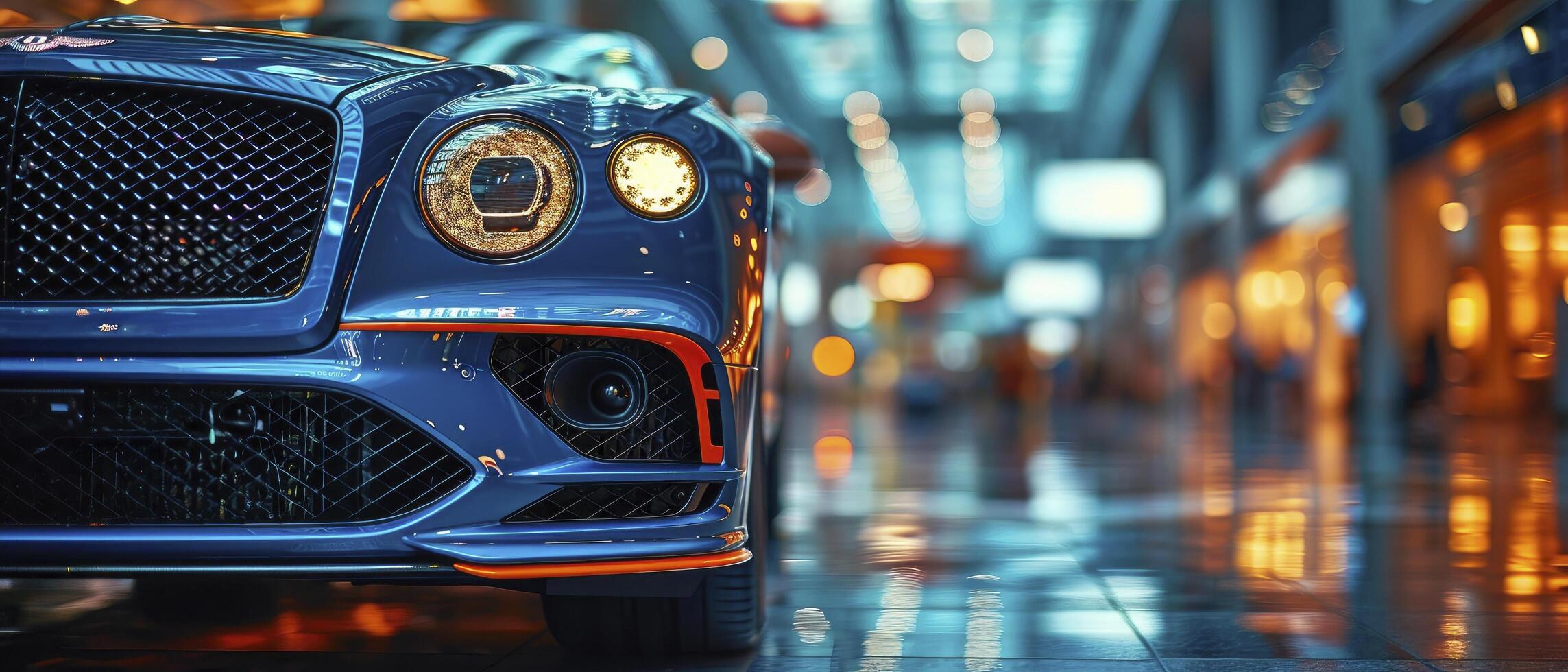 ai gerado uma fechar-se Visão do uma veículos grade, exibindo impecável detalhe e artesanato, com uma borrado sala de exposições fundo adicionando uma toque do automotivo elegância. foto