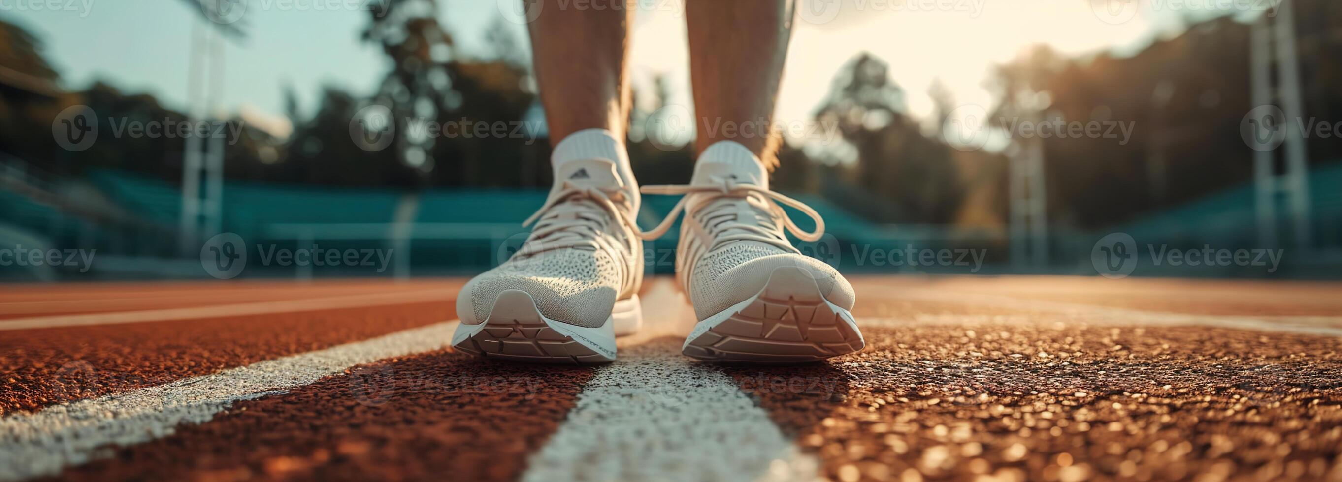 ai gerado masculino de atleta pés dentro corrida sapatos em estádio iniciando linha, preparado para rastrear e campo evento, capturando essência do Esportes dedicação e maratona preparação, corredor e saúde conceito foto