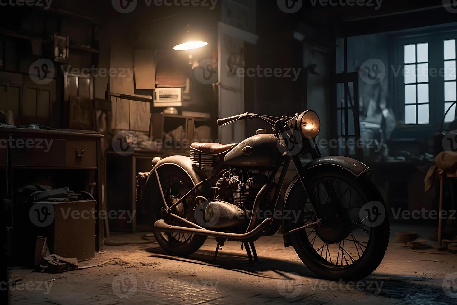 ai gerado velho vintage motocicleta dentro a garagem. neural rede ai gerado foto