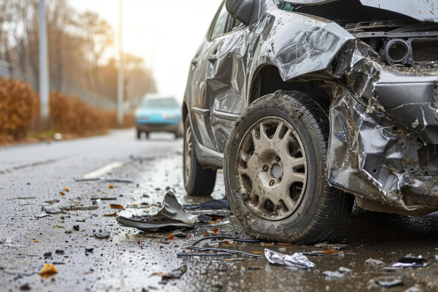 ai gerado capturando a conseqüência do uma carro acidente com uma quebrado veículo, destacando a importância do estrada segurança e Cuidado foto