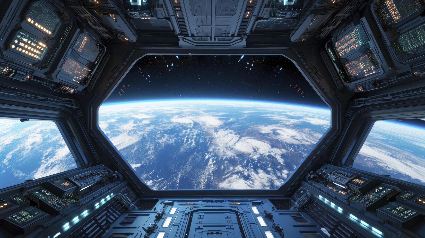 ai gerado nave espacial futurista interior com Visão em planeta terra. foto