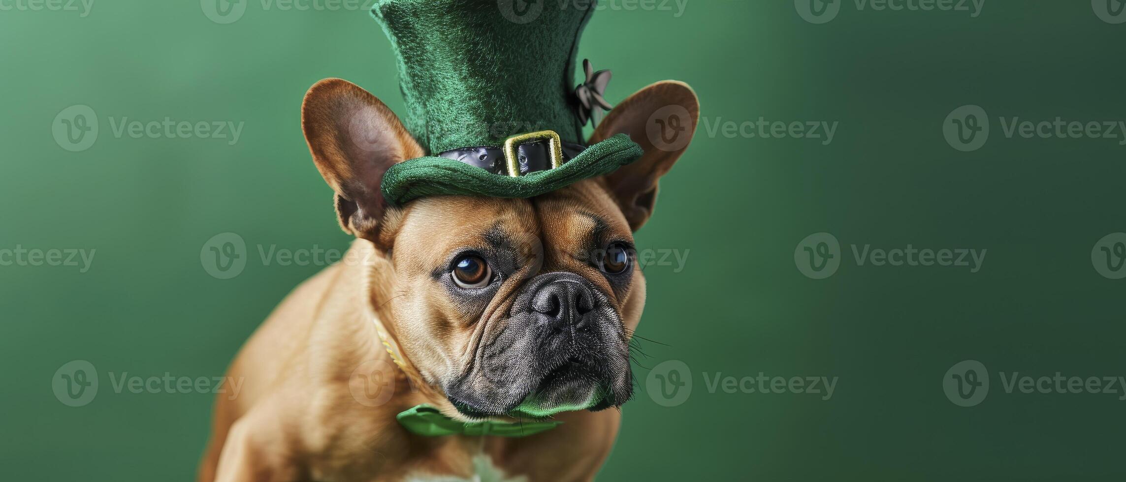 ai gerado francês buldogue vestindo Leprechauns traje em uma verde fundo, estúdio tiro foto